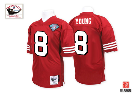 Men's Premier Steve Young 75th Patch Mitchell and Ness Jersey Red Home - #8 Throwback NFL San Francisco 49ers